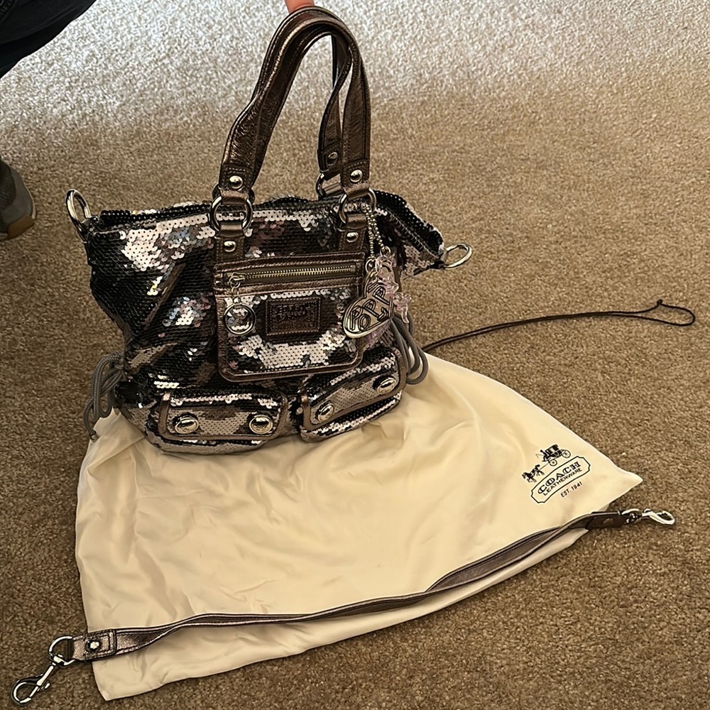 Coach Silver and Brown Shoulder Bag with Detachable Strap
